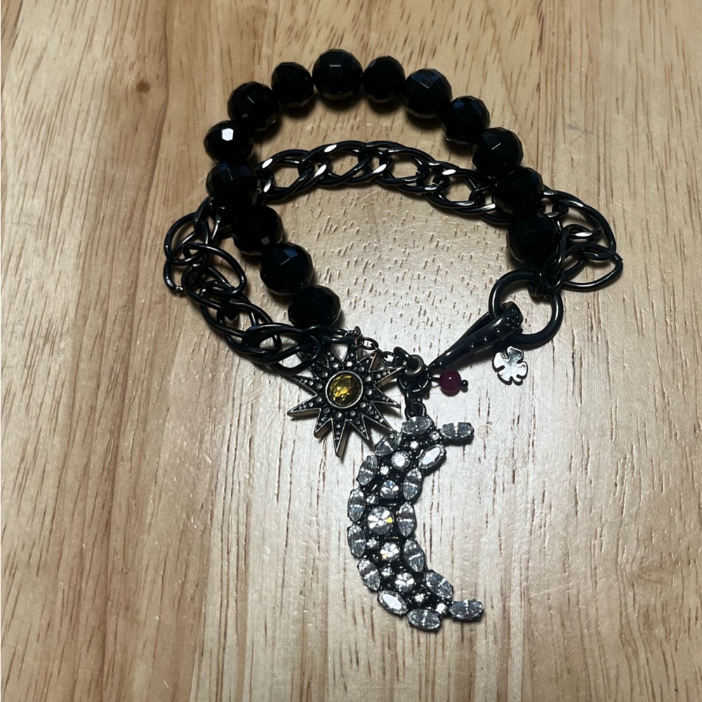 Black Beaded Bracelet with Crystal Moon Charm